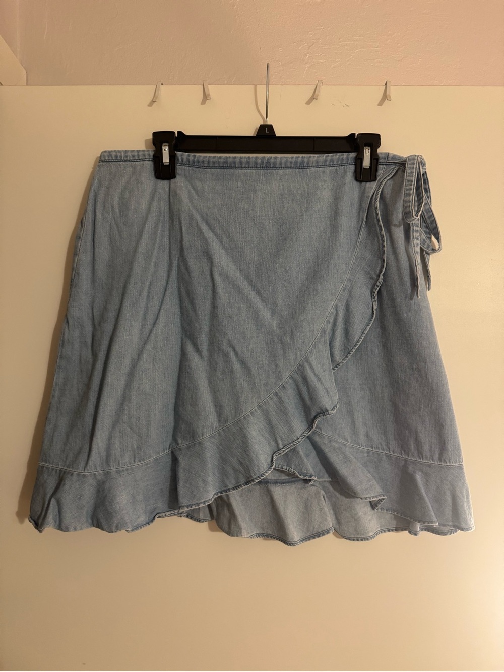 J. Crew Factory Light Blue Denim Wrap Mini Skirt with Ruffle